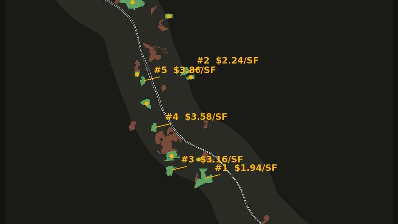 I-495 corridor map with the fourteen parcels that passed the screen in green